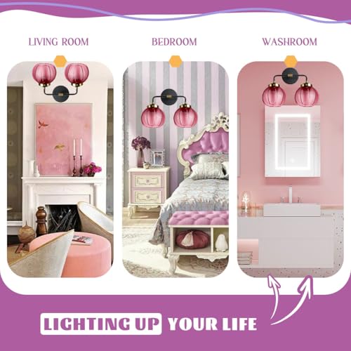 Image of Bathroom Lighting fixtures Modern Vanity Lights Red Ribbed Glass Shade 2-Lights Over Mirror Wall Sconce Vintage Gold Bathroom Light fixtures Black Wall Mount Light Farmhouse Sconces