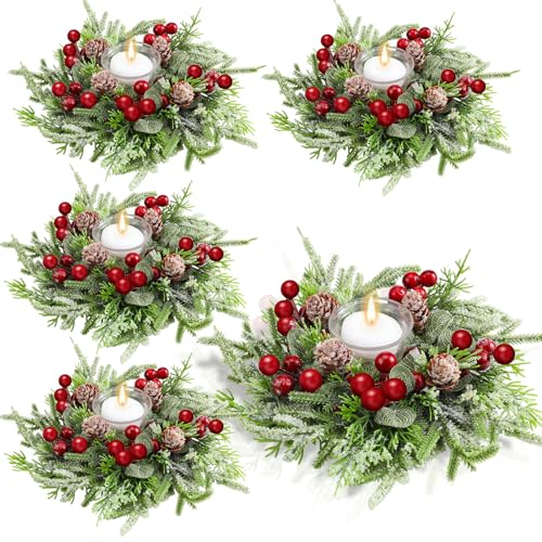 Lyrow 4 Pcs Christmas Candle Rings Wreath Xmas Kitchen Cabinet Mini Wreath Artificial Berries Snowy Pine Candle Ring Holder for Christmas Chandelier Home Table Centerpiece Indoor Decor