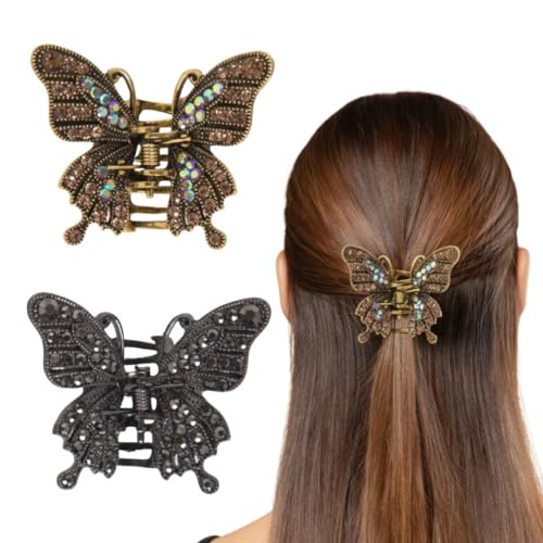Image of Radhu & Kabby Butterfly Metal Hair Claw Clip Pack | Antique Gold & Black Stone-Styled Claw Clips for Women | Strong Grip Stylish Vintage Butterfly Hair Accessories | Pack of 2