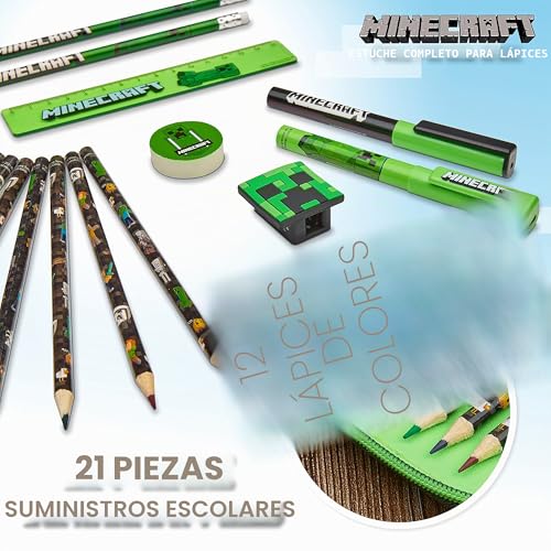 Miniatura 5 de Minecraft - Estuche Escolar Para Niños, 2 Compartimentos Y Suministros Escolares