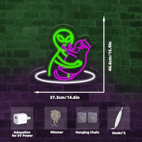 Image of Alien Cat Neon Sign,Funny Green Aliens Purple Cute Cat LED Light Sign Wall Decor For Game Room Bedroom Party Man Cave Club,Birthday Gifts For Women,Men,Boys,Girls(Alien Cat)