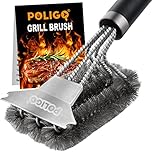 POLIGO Grill Brush and Scraper with Deluxe Handle - Safe Wire Stainless Steel BBQ Brush for Gas Infrared Charcoal Porcelain Grills - Ideal Gift BBQ Cleaning Brush for Grill Wizard Grate Cleaner