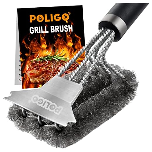 POLIGO Grill Brush and Scraper with Deluxe Handle - Safe Wire Stainless Steel BBQ Brush for Gas Infrared Charcoal Porcelain Grills - Ideal Gift BBQ Grill Cleaning Brush for Grill Wizard Grate Cleaner