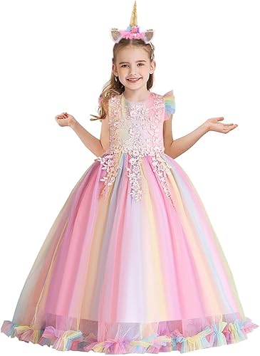 Miniatura 2 de REXREII Vestido largo de tul con diadema de unicornio arcoíris para niñas, cumpleaños, Navidad, fiesta, disfraz de Halloween