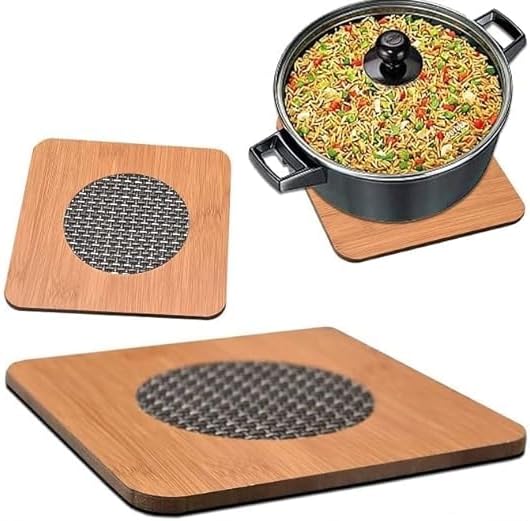 Square Shape Heat Resistant Wooden Coaster Pad Place mat for Hot Bowl Tea Cup, Kitchen Dining Pan Pot Holder,(Pack of 4 Pcs, Size 15cm)