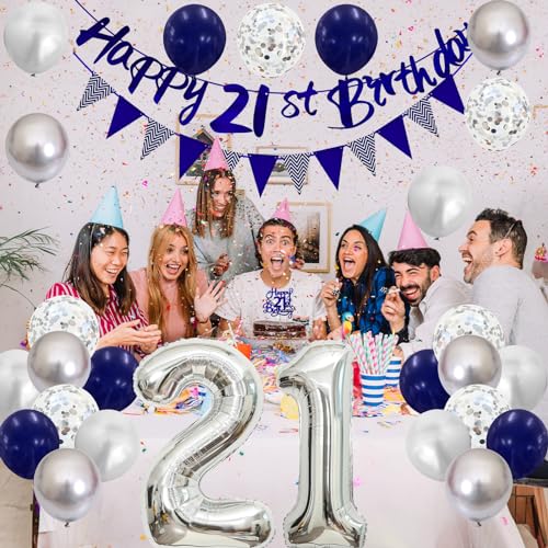 Image of 21st Birthday Decorations for Him Her, Happy 21st Birthday Banner with Blue Silver 21st Balloons Cake Topper Number 21 Foil Balloon for Men Women 21 Year Old Party Decoration