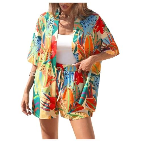 Women Boho Tropical Print Beach Cover Up Shorts Set 2 Piece Summer Lounge Outfit Lightweight Swimwear Matching Outfit 19blue Plant Small