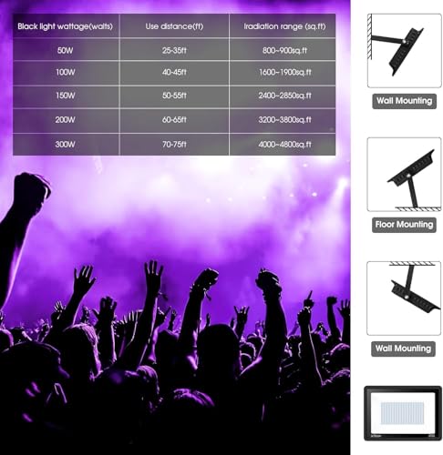 Image of YANYCN 4 Pack 150W LED Black Lights, Blacklight Flood Light Outdoor with Plug and Switch, IP66 Waterproof for Dance Party, Glow in The Dark, Halloween Lights, Body Paint, Fluorescent Poster