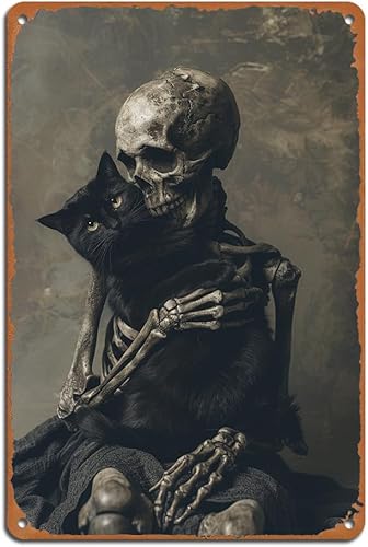 Letrero retro de metal de aluminio: calavera divertida con gato, decoraciones de pared (8 x 12 pulgadas/7.9 x 11.8 in) Good3,Verde bosque con letras