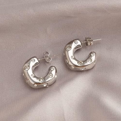 QueenBee Silver Zirconia Studded Elegant Hoops, Sparkling Zirconia C-Shaped Earrings for Women, Chunky Bold Curved Hoops, Trendy Bubble Earrings Jewelry Gift for Her (Silver) by QueenBee - Image 7