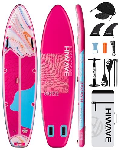 Hiwave Inflatable Stand Up Paddle Board 11’*34”*6” Sup Board, 450lbs Capicity Adult&Youth Paddle Board, Pet Friendly for Ocean&Lake, w/Double Action Hand Pump Pink