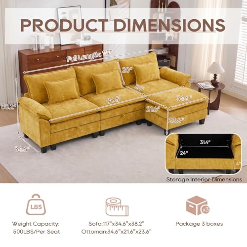 Image of IPKIG 117 inch Modular Cloud Couch with Storage, L Shaped Sectional Sofa with Ottoman & Pillow, Chenille Deep Seat Sectional Couches for Living Room, Apartment, Yellow