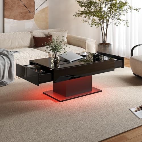 HedoAjim Black Led Coffee Table with 2 Storage Drawers for Living Room, Living Room Table Rectangular Center Table, Modern High Glossy Wooden Coffee Tables with Lights for Dining Reception Room