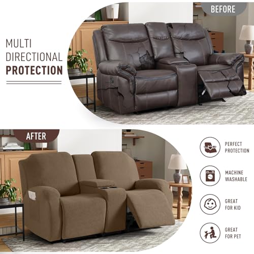 Image of KinCam Loveseat Recliner Covers with Middle Console Slipcover, Recliner Sofa Covers 2 Seat Couch Cover Stripe Jacquard Furniture Protector Covers with Elastic Bottom for Kids, Pets (Brown)