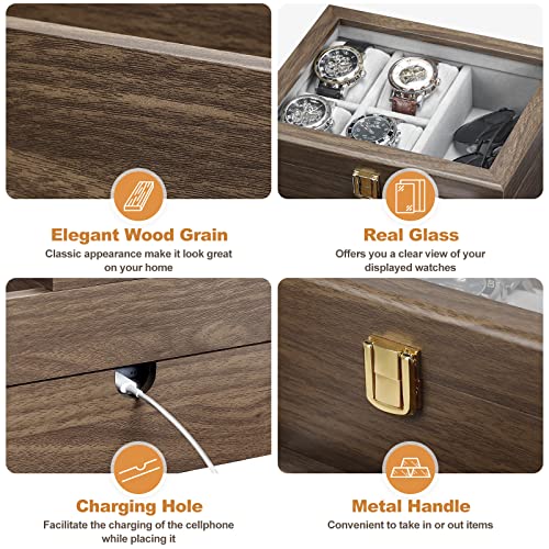 Homde Fathers Day Gifts - Watch Box For Men Jewelry Organizer With Real Glass Watch Case For Ring, Bracelet, Watch, Necklace, Earrings, And Accessories #TOP3