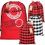 HRX Package Large Cloth Christmas Gift Bags, 4pcs Reusable Fabric Drawstring Wrapping Bags Holiday Santa Sack with Gift Tag for Xmas Presents