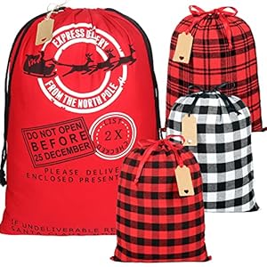 HRX Package Large Cloth Christmas Gift Bags, 4pcs Reusable Fabric Drawstring Wrapping Bags Holiday Santa Sack with Gift…