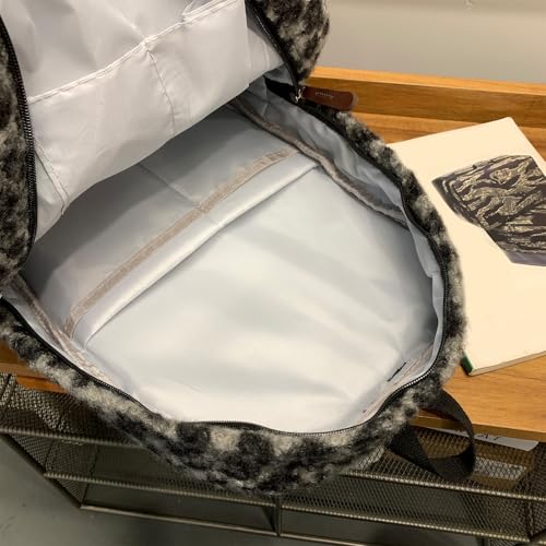 Leopard Print Backpacks Fuzzy Retro Bag Book Bag for (Black)2