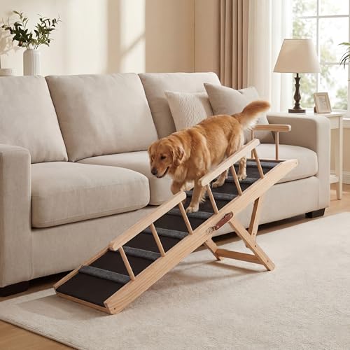 Dog Ramp with Rails 47.24 Long Wooden Dog Ramp for Bed & Couch 3 Detachable Rails 6-Level Adjustable Heights (13.5-27.8) Foldable Pet Ramp Anti-Slip Carpet with 7 Crossbars 200 lbs Capacity