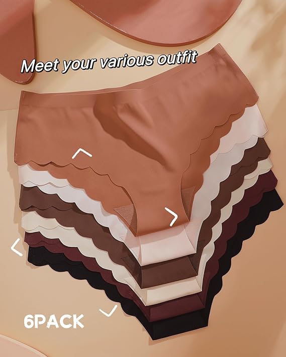 Image of FINETOO 6 pack Seamless Underwear for Women Sexy Low Rise Hipster Wave Edge No Show Bikini Panties Womens Cheeky S-XL