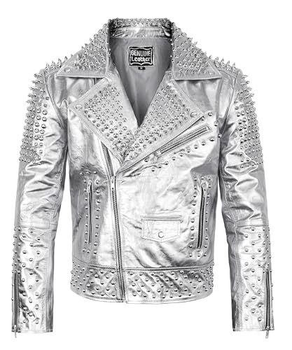 Image of Men's Studded Cowhide Leather Biker Jacket - Punk Rock Spiked Brando Coat