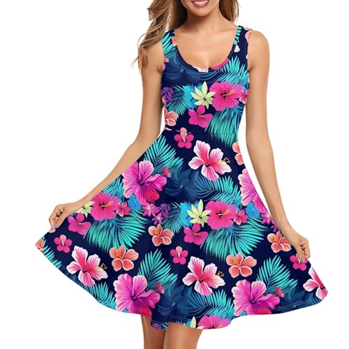 Image of TOADDITDO Women's Sleeveless O Neck Beach A-Line Party Coctail Tank Dresses Flared Sundress