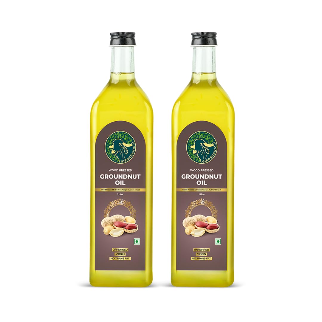 GirOrganic Wood Press Groundnut Oil | Kacchi Ghani | Virgin | Unrefined/Unfiltered | Cold pressed | Glass Bottle | 100% Natural cooking oil 1 litre (Pack of 2) | Gopal Ratna Award Winner 2023