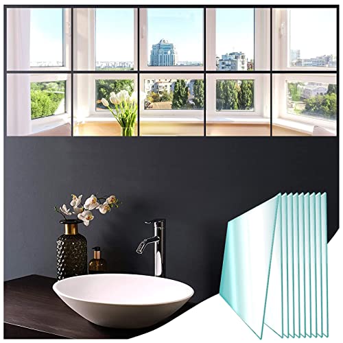 JMITHA 10 Piezas Pegatinas Espejo Pared 15x15 cm Vidrio Hojas de Espejo Autoadhesivas HD Baldosas Pared de Espejo para Decoración del Hogar