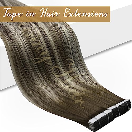 Sunny Tape In Hair Extensions Human Hair Balayage Real Hair Tape Extensions Tape Ins Dark Brown Fading To Ash Brown Highlights Blonde Tape In Real Human Hair Extensions Balayage 20Pcs 50G 18Inch #TOP2