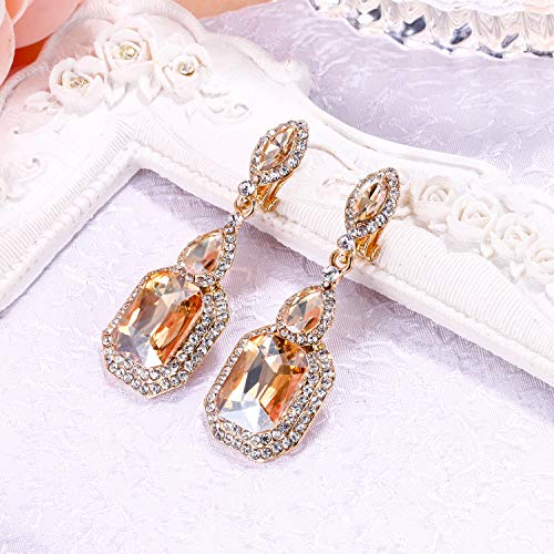 Brilove Wedding Bridal Clip On Earrings For Women Crystal Emerald Cut Infinity Figure 8 Chandelier Dangle Earrings Yellow Gold-Toned #TOP2