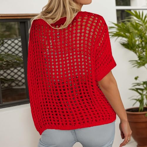 XIANZHE Häkelpullover Damen Schulterfrei Rundhals Strickpullover Oversize Hakelnadel Cover Up Mesh Oberteil Lechit lässig Casual Bademode-3