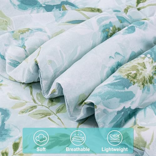 Image of lasoftan Floral King Comforter Set with Sheets, 7 piece Luxury Vintage Bedding, Soft Microfiber Bed in a Bag, Cozy Lightweight Bed Set, Green Leaves Teal Blue Flower
