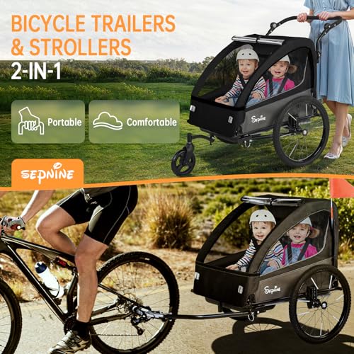 Image of Sepnine 2-in-1 Kids Bike Trailer and Stroller with Suspension - Bike Trailer for 1 to 2 Children, Jogging Function, Foldable, 5-Point Harness, Spacious Storage, with Bug Screen and Weather Shield