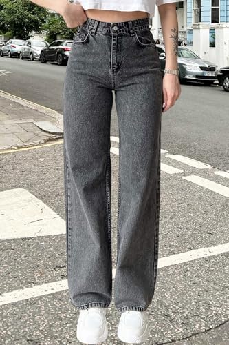 Women's Wide Leg Straight Jeans High Waist Stretchy Boyfriend Classic Denim Pants2