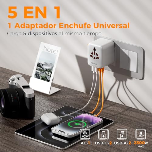 Miniatura 2 de Tessan Adaptador Enchufe Universal Con 2 Usb C 15 W, Adaptador De Viaje Con 4 Usb, Cargador Universal Para Uk Americano Japón Brasil Australia España Argentina Tailandia