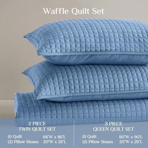 Image of Wonderful 3 Piece Waffle Weave Quilt Set Full Size, Blue Lightweight Bedspread Coverlet for All Season, Ultra Soft Microfiber Bedding Set with 2 Pillow Shams, Waffle Pattern Quilted Design 90 inchx90 inch | Breathable & Cozy