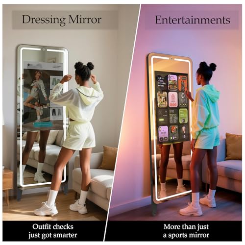 Image of Smart Gym Mirror for Home Workout | 32 inch HD Touch-Screen Andriod 12 OS | 61 inch Reflective Surface | No VIP Fees Support Various APP, Voice Control, Music Sync LED Strip Lights, for Home Gym / Yoga / Dance