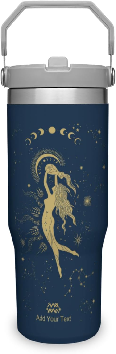 Personalized Zodiac Signs-Aquarius-30 Oz Tumbler with Handle and Straw Lid, Custom Witchy Gothic Water Bottle with Name Insulated Stainless Steel Travel Mug, Birthday Gifts for Women Men(Blue)