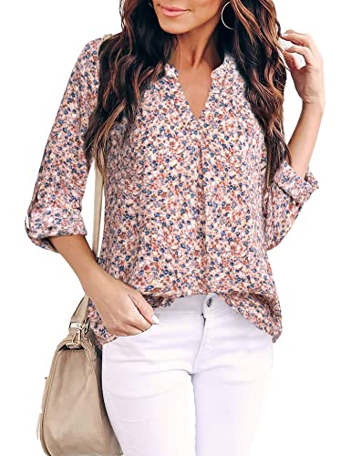 Gaharu Dress Tops Women Business Casual Pink Blouses Long Sleeve Floral Shirts V Neck Chiffon Work Tunics Tops 3/4 Sleeve Blouses Professional Career Formal Office Wear Clothes Floral Pink Blue,L #TOP3