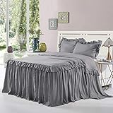 HIG 3 Piece Ruffle Skirt Bedspread Set King - Dark Gray 30 inches Drop Ruffled Style Bed Skirt...