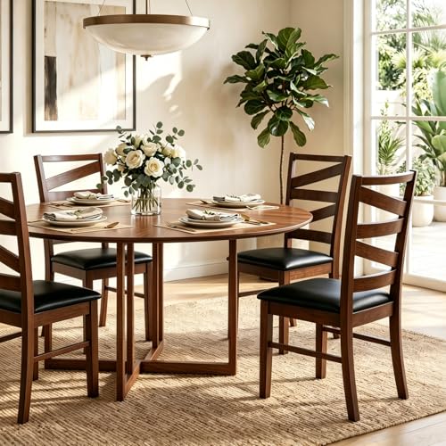 Image of COSTWAY Wooden Dining Chairs Set of 2, Farmhouse Kitchen Side Chair with High Back, PVC Leather Padded Seat, Armless Chairs for Dining Room, Living Room, Home Kitchen, Restaurant (Walnut & Black)