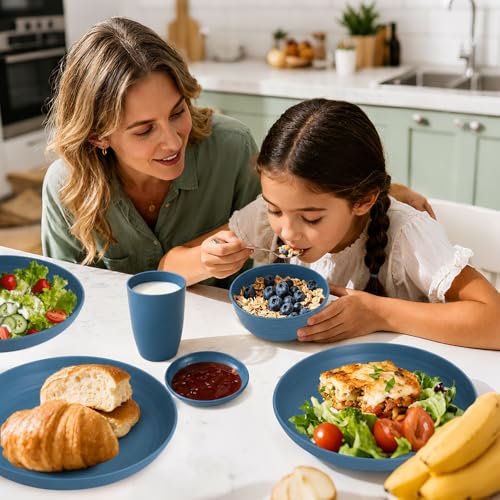 Image of 16 PCS Wheat Straw Plates and Bowls Sets,Kids Dishes Dinnerware Sets for 4,Unbreakable Kitchen Plates and Bowls Set for Travel Dishwasher & Microwave Safe Lightweight Dishes Set - DeepBlue