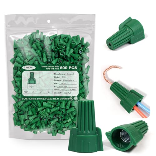 Lenporl 600 PCS Winged Green Ground Wire Nuts Connectors with Hole Easy Twist-On Screw Electrical Wire Caps, 14-10 AWG Green Wire Connectors for Cable Grounding, UL Listed Electrical Connectors