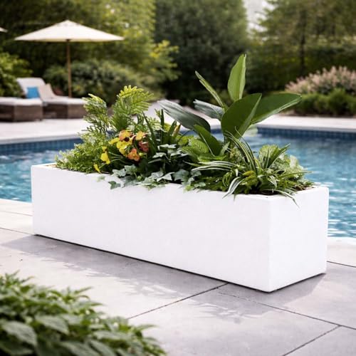 Image of Go Hooked Recta R White Planter Pot (24x12.5 Inch) | Big Size Outdoor & Indoor Pot for Plants | Modern Design Lightweight & Durable Rectangle Polymer Flower Pot for Balcony, Terrace & Garden