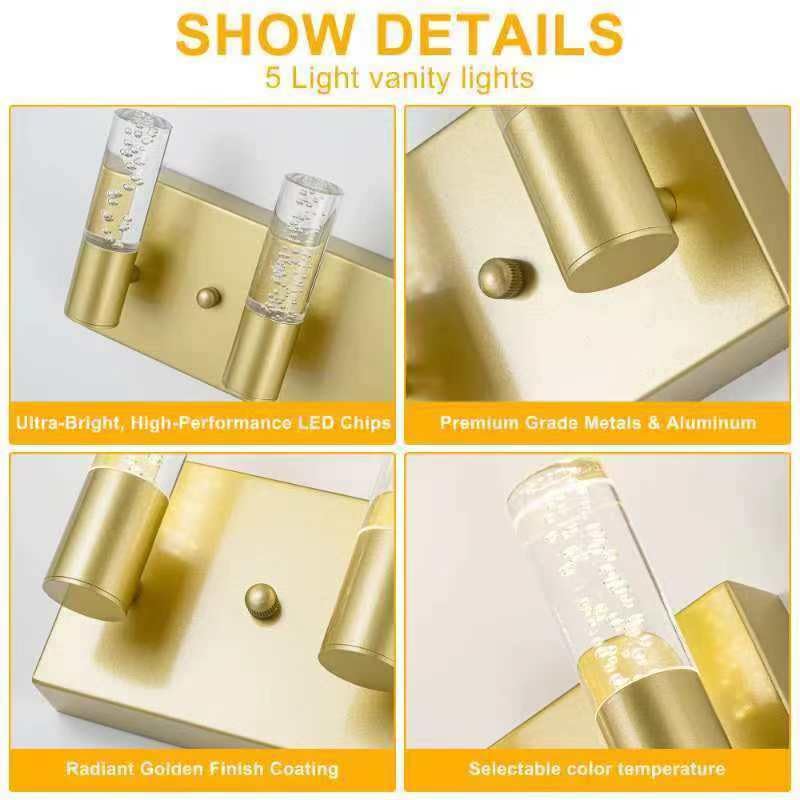 Image of Bathroom Vanity Light Fixtures Over Mirror, Brushed Golden Finish Coating, 5 Light Wall Sconces for Bathroom