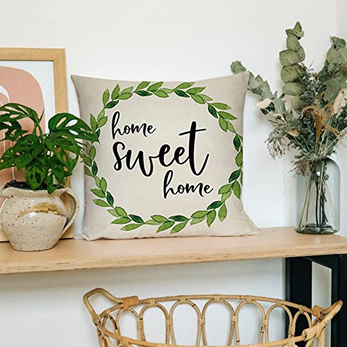 Ussap Home Sweet Home Decorative Throw Pillow Cover, Olive Green Wreath Farmhouse Cushion Cover Home Rustic Decoration, Seasonal Quote Pillowcase For Front Porch Sofa Couch Decor Cotton Linen 18X18 #TOP4