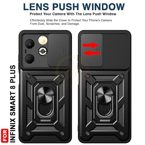 Image of Armor Bumper Back Cover Case for Infinix Smart 8 Plus Rotating Camera Cover, Ring Holder & Kickstand | Heavy Duty & 360 Degree Protection Infinix Smart 8 Plus Back Cover (Black)
