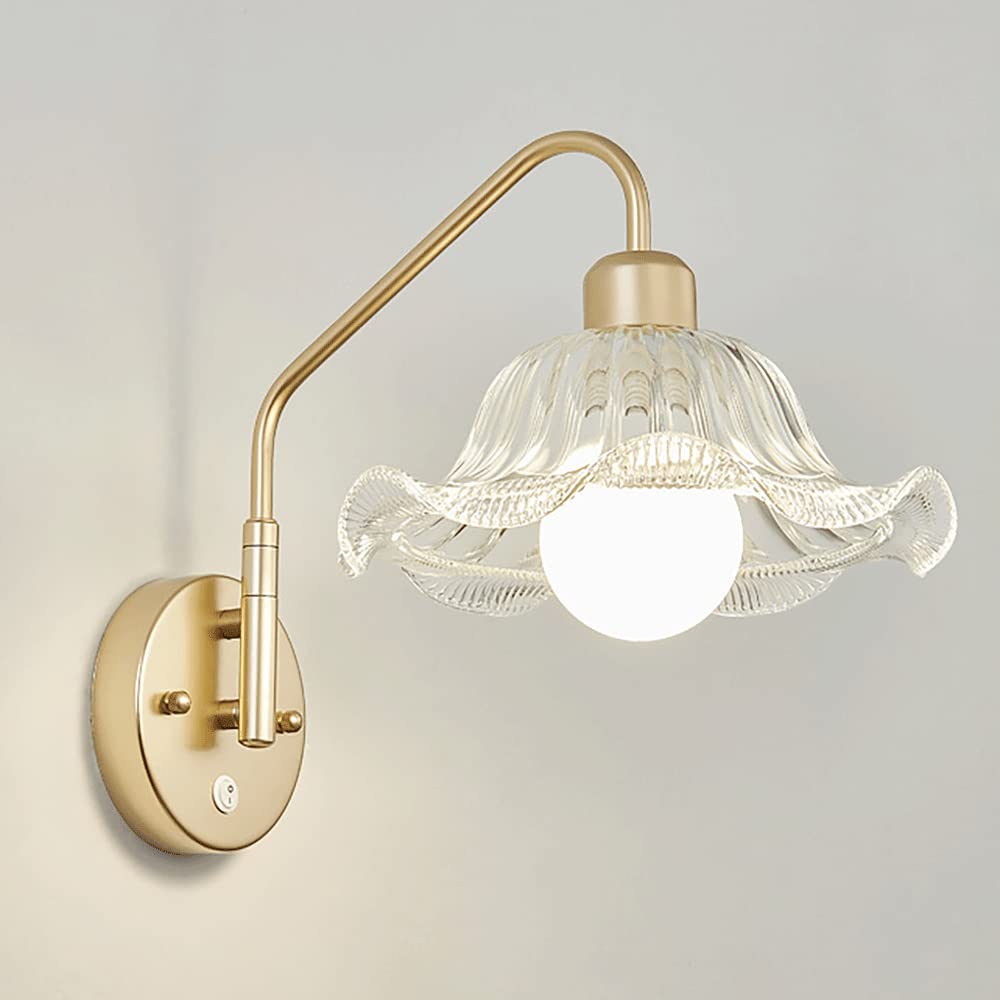 KBUUKYYXouy d Swing Arm Wall Sconces with Clear Flower Glass Lamp Shade, 180 Degree Adjustable Wall Mount Light Hradwired Vintage Wall Lighting Fixture with Switch for Bedside Bedroom Doorway