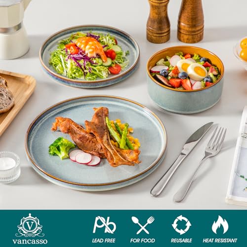 Image of vancasso ONION Ceramic Plates and Bowls Sets, 24 Pieces Light Blue Dinnerware Sets for Kitchen, Reactive Glaze Dishes Set for 8, Dishwasher and Microwave Safe