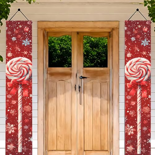 Image of Sweet Candy Cane Porch Banner 11.81x70.87 Inch, Red Snowflake Lollipop Door Sign for Mother's Day, Festive Birthday Party Welcome Flag, Weatherproof Fabric Hanging Decor